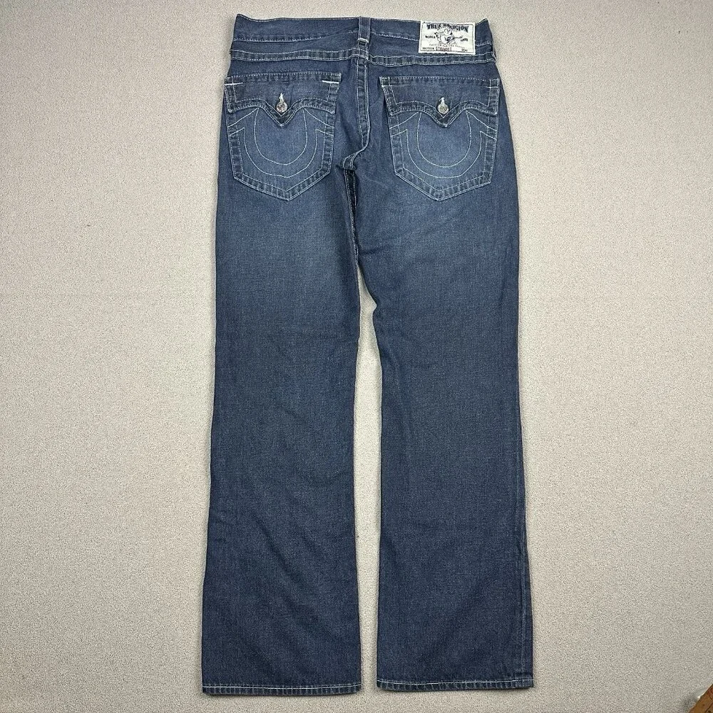 True Religion Jeans Mens 33x31 Blue Straight Flap Pockets Dark Wash Denim